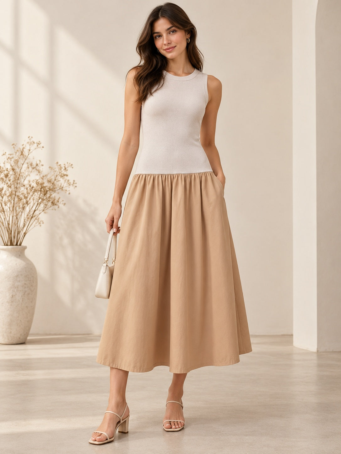 VESTIDO MIDI BICOLOR OFF-WHITE E CARAMELO