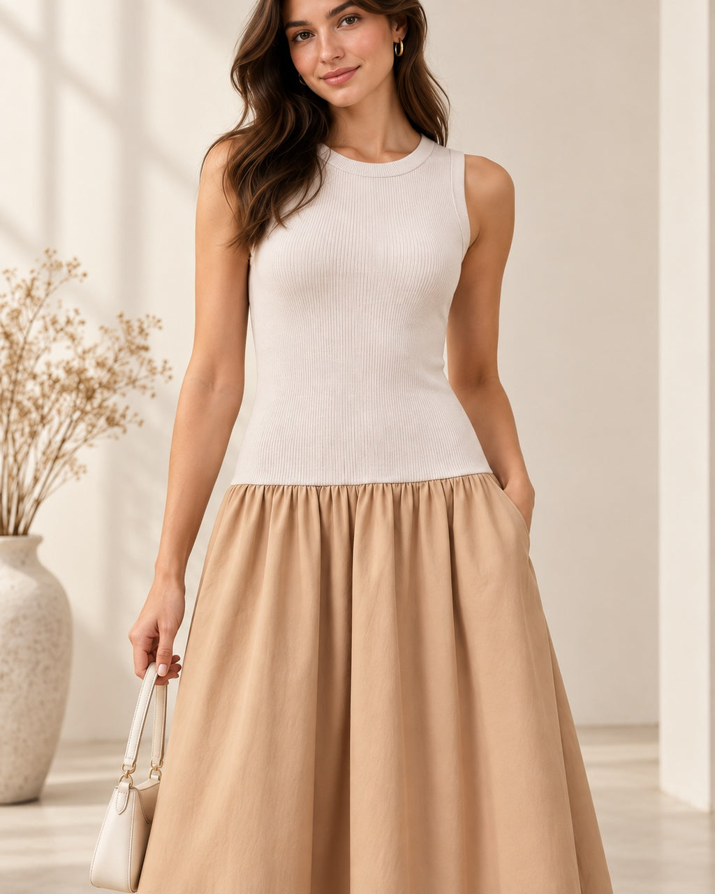 VESTIDO MIDI BICOLOR OFF-WHITE E CARAMELO